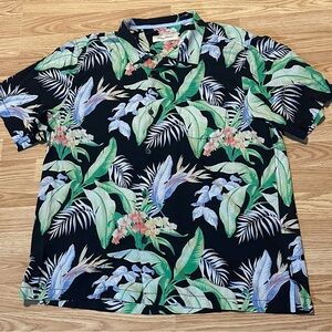 Tommy Bahama Black & Green Tropical Button-down Shirt w/Pocket - 100% Silk - XXL